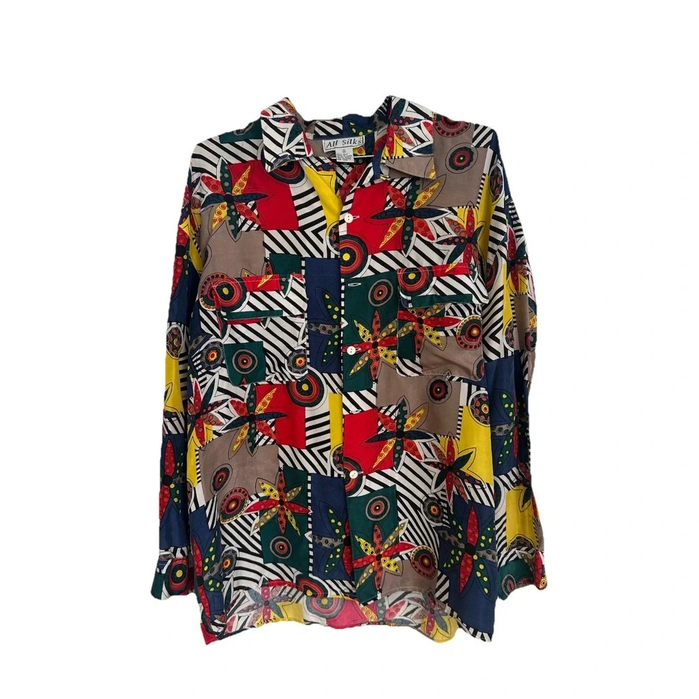 VTG 90s Abstract Graphic Silk Button Down Shirt Mens Fresh Prince Lg Sleeve Sz M